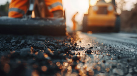 Asphalting works on the road. Asphalting of the road.の素材