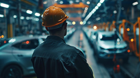Engineer wearing hardhat looking at production line in modern factoryの素材