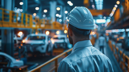 Engineer wearing hardhat looking at production line in modern factoryの素材