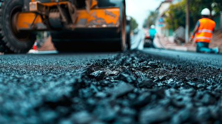The image shows a close-up of a road roller compacting a new layer of asphalt on a road construction siteの素材
