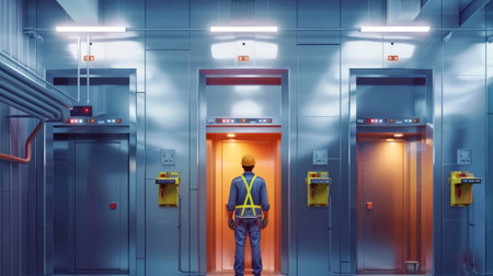 Man in elevator with elevator doors and elevator doors. 3d renderingの素材