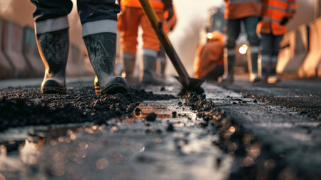 Road construction workers are working on a new road.の素材