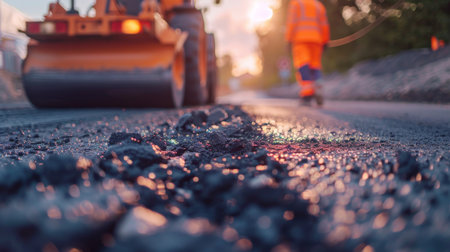 The asphalt road roller is compacting the new asphalt on the road during the road constructionの素材
