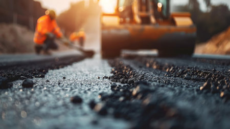 Close-up of asphalt road construction with a steamroller and workers in the backgroundの素材