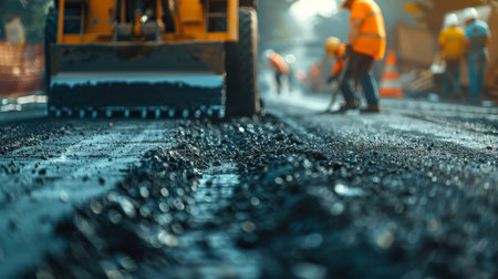 The asphalt road roller is compacting the new asphalt on the road surface while the road workers are using shovels to spread the asphalt in the background.の素材