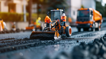 The image shows a road construction site with a steamroller and workers.の素材