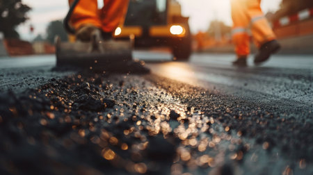 Road construction workers paving asphalt on a highway with a paving machineの素材