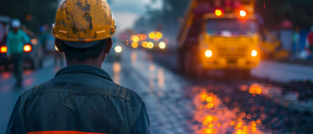 A road construction worker is standing with his back to the camera. He is wearing a yellow hard hat and a blue shirt. In front of him is a road roller and a dump truck. The road is being resurfaced and the worker is holding a shovel.の素材