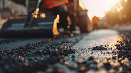 The photo shows a close-up of a road construction worker using a machine to pave a new road.の素材