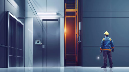 Back view of engineer in hardhat standing in front of opened doorの素材