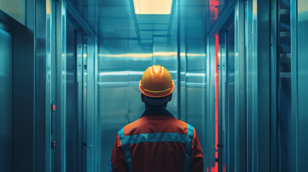 Engineer in safety helmet and reflective vest working in server room.の素材
