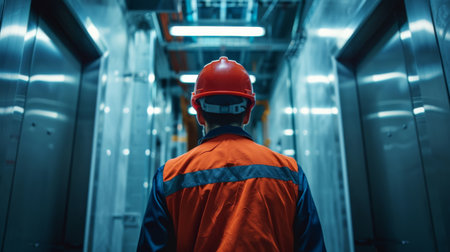 Rear view of a factory worker wearing safety helmet standing in a factoryの素材