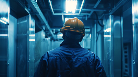 Industrial worker in safety suit and helmet working in the factory.の素材