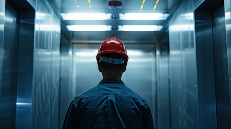 Back view of a man in a construction helmet standing in a elevatorの素材