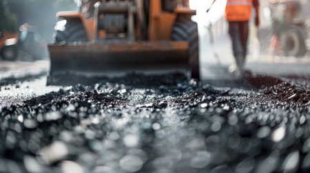 The asphalt road is being paved by a worker with a machineの素材