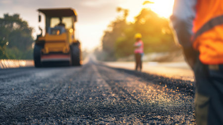 Asphalt road construction site with workers at work, blurred background.の素材