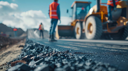 Asphalt road construction site with new asphalt road and workers on backgroundの素材