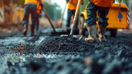 Workers are working on the road construction site. Selective focus.の素材