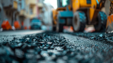 Close-up of new asphalt road surface with blurred construction vehicles in backgroundの素材