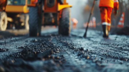 Road construction and repair concept. Asphalt pavement works.の素材