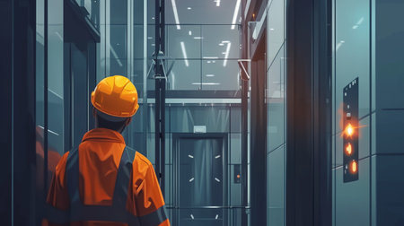 Engineer in hardhat and orange uniform standing in front of modern office building.の素材