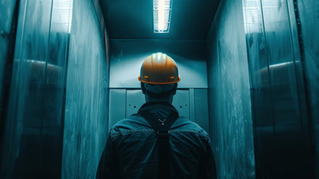 Worker in a hard hat in a modern server room. Industrial backgroundの素材