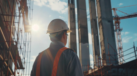 Construction worker wearing hardhat and safety vest looking at building under constructionの素材