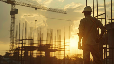 A construction worker is standing on a building site and looking at the sunset.の素材