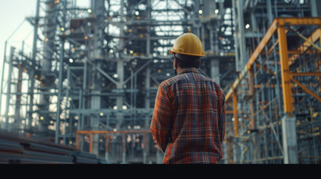 An engineer wearing a hard hat and plaid shirt is looking at an oil refinery.の素材
