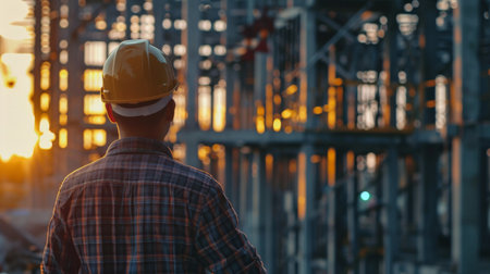 Construction worker wearing hard hat looking at sunset over building under constructionの素材
