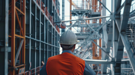 An engineer in a hard hat and safety vest looks over the nearly completed structure.の素材