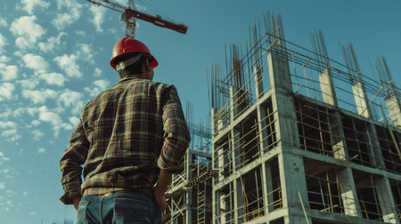 Construction worker looking at building under constructionの素材