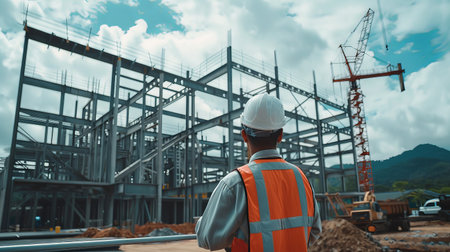 An engineer wearing a hard hat and safety vest is inspecting a construction site.の素材