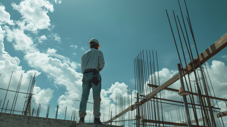 A construction worker wearing a hard hat and safety vest stands on a building under construction and gazes out at the view.の素材