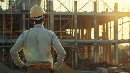 An engineer wearing a hard hat is standing with his hands on his hips and looking at a building under construction.の素材