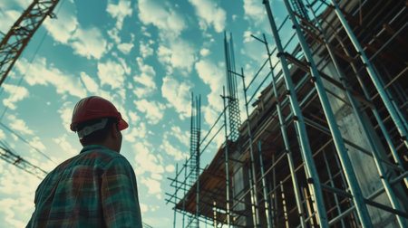 Construction worker at a building site wearing a hard hat looking up at the structure.の素材