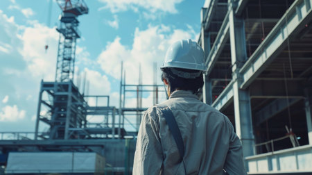 Construction worker at a building site wearing hard hat and looking at the progress of the projectの素材
