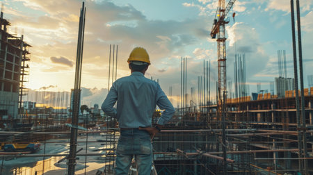 Construction worker standing on a building under construction and looking at the sunset.の素材