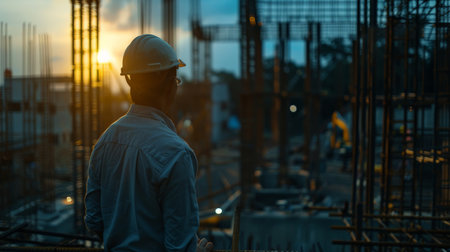 Construction worker wearing hard hat looking at sunset over building under constructionの素材