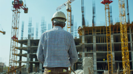 Construction worker at a building site wearing a hard hat and looking at the progress of the work.の素材