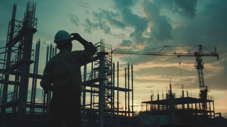 Construction worker at sunset looking over building siteの素材