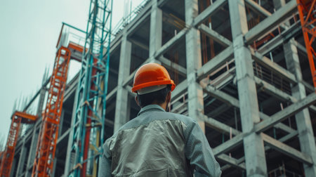 Construction worker wearing hardhat looking at building under constructionの素材