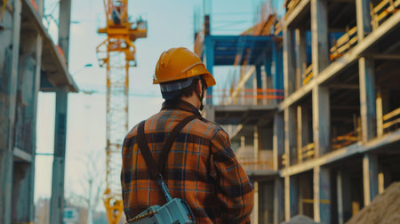 Construction worker wearing hardhat and safety vest at construction siteの素材