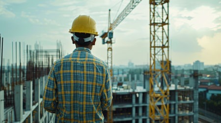 Construction worker wearing hard hat and safety vest at a construction siteの素材