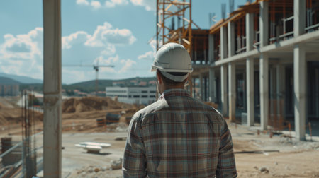 Construction worker in hard hat at building siteの素材