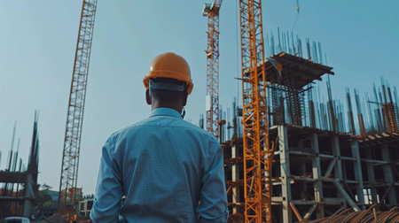 Construction worker wearing hard hat looking at building under construction.の素材