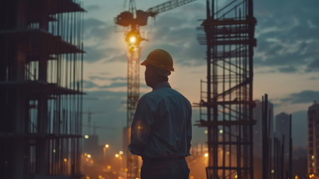 Construction worker standing on a building site looking at the city.の素材
