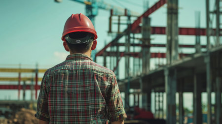 Construction worker wearing hardhat at building siteの素材