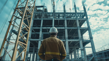 Construction worker looking at the building under constructionの素材