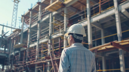 Construction worker wearing hardhat at building siteの素材